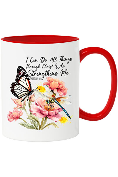 StoryGift Romania Cana cu un fluture si cu o libelula cu mesajul "I can do all things through Chri, Cu Maner Rosu