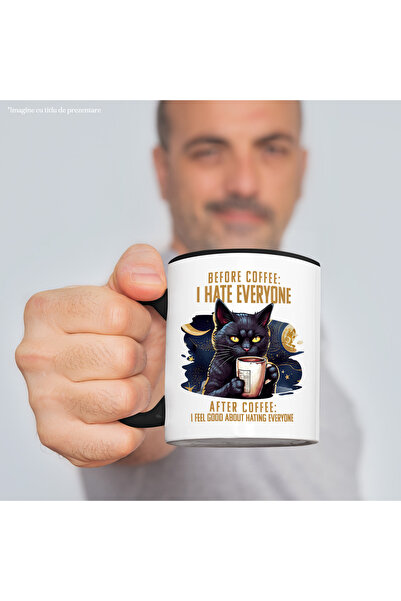 StoryGift Romania Cana cu o pisica neagra care tine o ceasca cu cafea cu mesajul "Before coffee: I, Cu Maner Negru