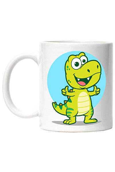 StoryGift Romania Cana Cu Cerc, Dinozaur, Zambet, T-Rex, Preistoric, Dungi, Multicolor 330 ml, Cer, Cu Maner Alb