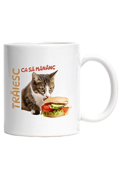 StoryGift Romania Cana Pisica cu un hamburger text haios TRAIESC CA SA , 330m...