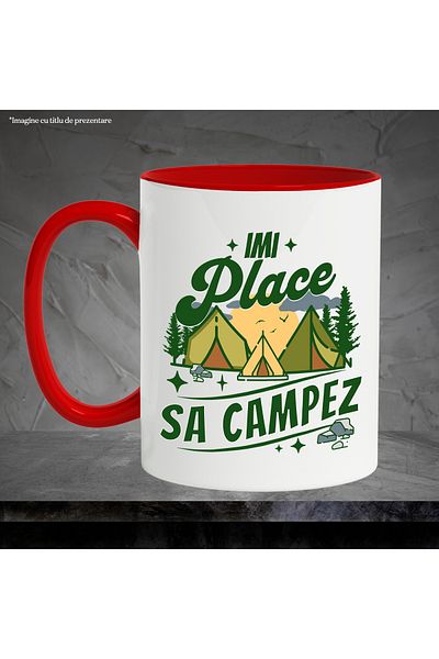 StoryGift Romania Cana imi place sa campez cort in natura aventura padure , 330ml, Ceramic cu Mane, Cu Maner Rosu STG