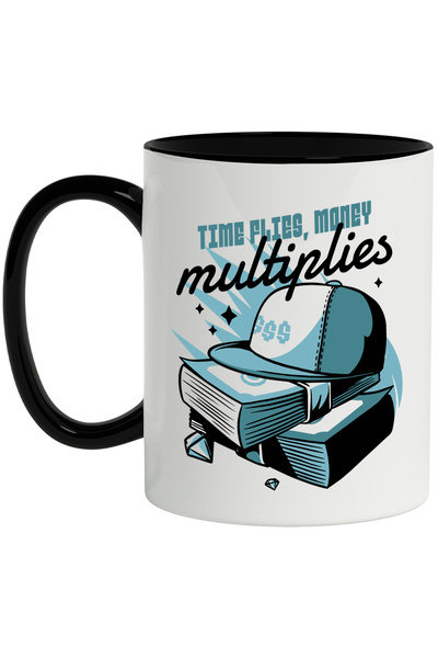 StoryGift Romania Cana Cu Mesaj In Engleza Time Flies Monet Multiplies, Sapca, Multicolor 330 ml, , Cu Maner Negru