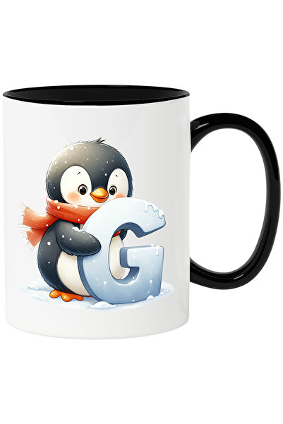 StoryGift Romania Cana cu un pinguin care tine litera "G" | ninge | frig | Polul Nord | scoala | a, Cu Maner Negru