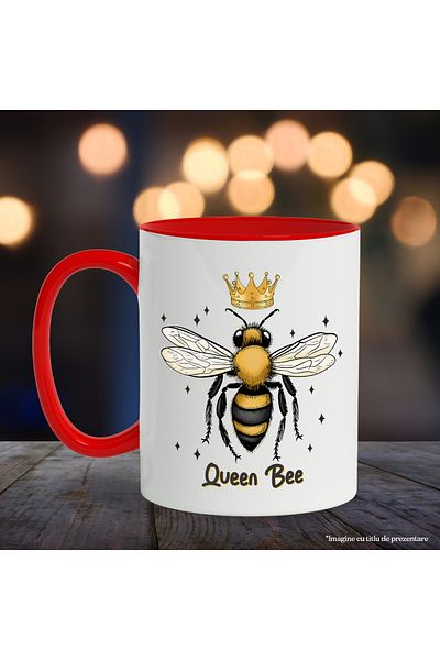 StoryGift Romania Mug with a bee with a crown and stars around it with the message "Queen Bee", queen of, with a red handle