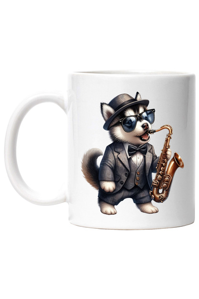 StoryGift Romania Cana cu un catel Husky care canta la saxofon | ilustratie |...