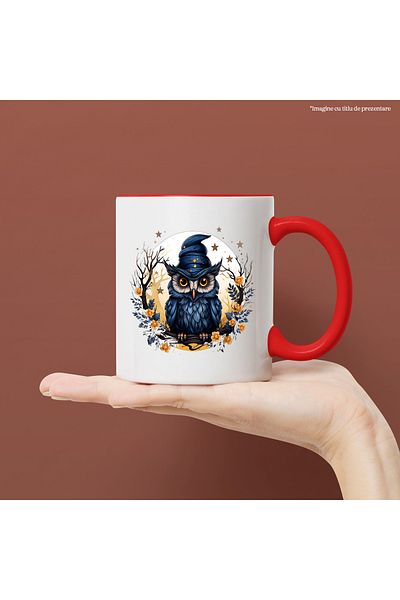 StoryGift Romania Mug with an owl with a witch's hat, illustration, stars, circle, branch, f, With, STG.