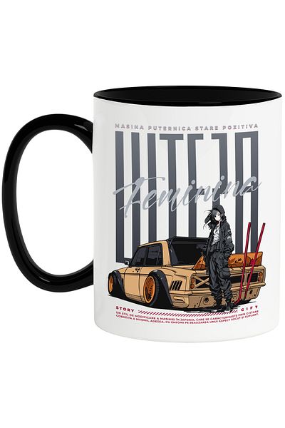 StoryGift Romania Cana Fata Stil Anime Masina Puternica Viteza Feminina Curse Ilegale, 330ml, Cera, Cu Maner Negru