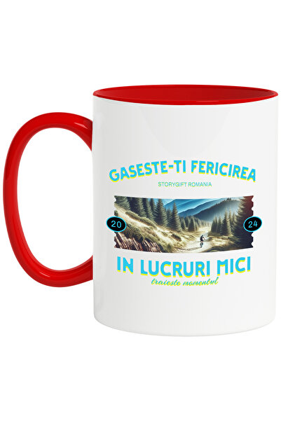 StoryGift Romania Cana Om pe bicicleta printre munti, drumetie, 330ml, Ceramic cu Maner Rosu, Cu Maner Rosu