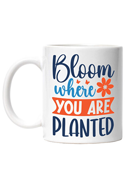 StoryGift Romania Cana cu floare si fluturi cu mesajul "Bloom where you are planted" - infloreste , Cu Maner Alb