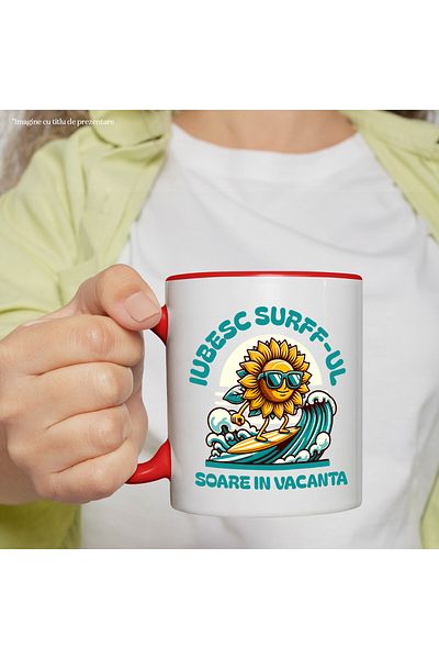 StoryGift Romania Cana Soare Pe Placa De Surff, Vara, Vacanta, 330ml, Ceramic Cu Maner Rosu, Cu Maner Rosu Stg