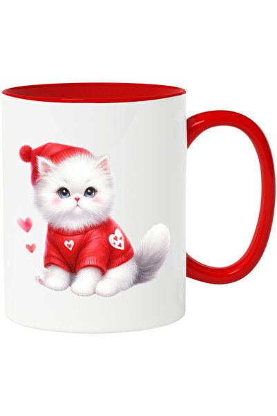 StoryGift Romania Cana cu o pisicuta imbujorata | ilustratie | caciula rosie | bluza | frig | iarn, Cu Maner Rosu