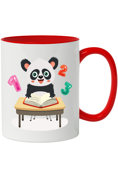 StoryGift Romania Cana Cu Urs Panda, Cifre, Scoala, Banca, Scaun, Carte, Educatie, Multicolor 330 , Cu Maner Rosu