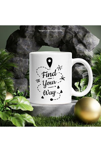 StoryGift Romania Cana Cu Mesaj In Engleza Find Your Way, Mapa, Pin, Drum, Alb Negru 330 ml, Ceram, Cu Maner Alb
