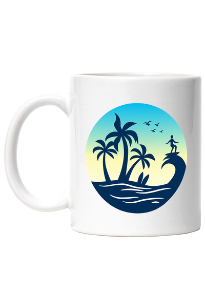 StoryGift Romania Cana Cu Val, Surf, Pasari, Insula, Multicolor 330 ml, Ceramica cu Maner Alb, Cu Maner Alb