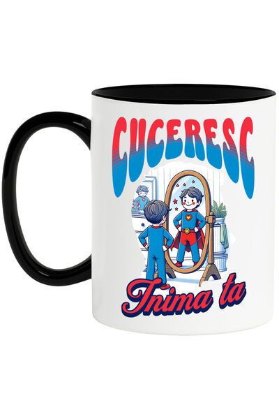 StoryGift Romania Cana cu Copil In Fata Oglinzii Costum Super-erou Text Cuceresc Inima ta, Ceramic, Cu Maner Negru