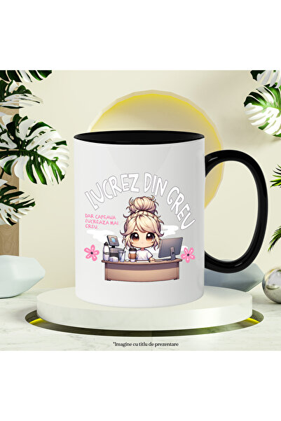 StoryGift Romania Cana Fata muncitoare la calculator text haios Muncesc Din Greu, Dra Cafea Lucrea, Cu Maner Negru