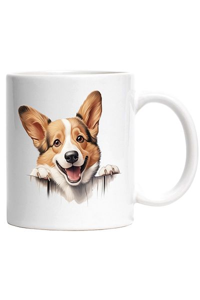 StoryGift Romania Cana cu un caine din rasa Corgi care sta atarnat pe gard | ilustratie | vrea sa , Cu Maner Alb