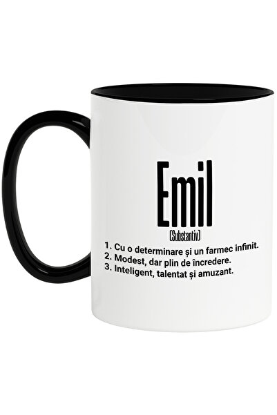 StoryGift Romania Cana Cu Numele Emil, Determinare, Modest, Inteligent, Amuzant, Personalizat, Cad, Cu Maner Negru