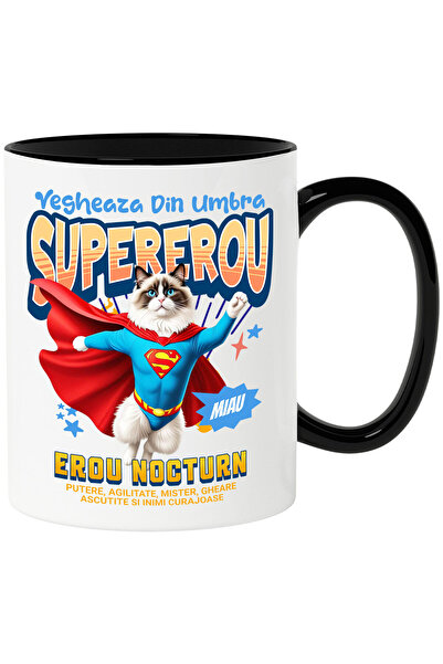 StoryGift Romania Cana cu Ragdoll Pisica In Costum de SuperMan cu Pelerina, Erou Nocturn, Desene a, Cu Maner Negru