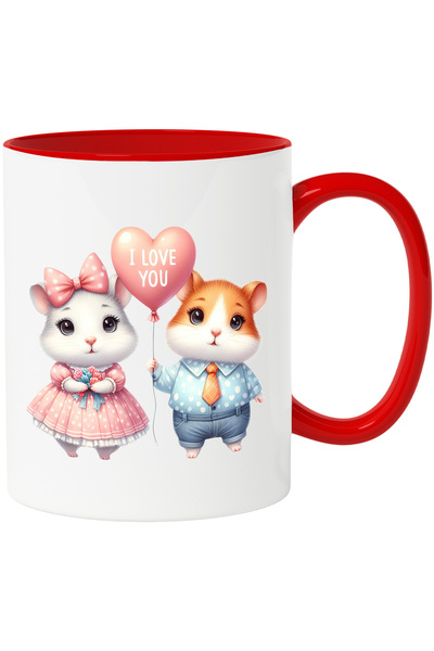 StoryGift Romania Mug with 2 hamsters | dress | balloon with the message "I love you" | relationship | couple |, With Red Handle