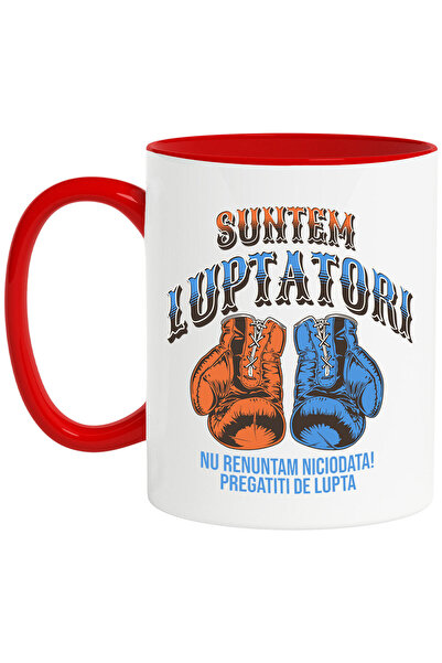 StoryGift Romania Cana cu Manusi Box Colorate Sport Contact Distractie Meci Text Suntem Luptatori , Cu Maner Rosu