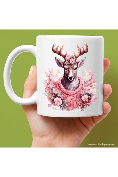 StoryGift Romania Cana cu un cerb imbracat gros | ilustratie | flori | frig | venirea iernii | vre, Cu Maner Alb