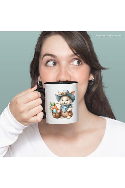 StoryGift Romania Mug with a bunny in a cowboy hat, illustration, Wild West, carrot, egg, With ,STG