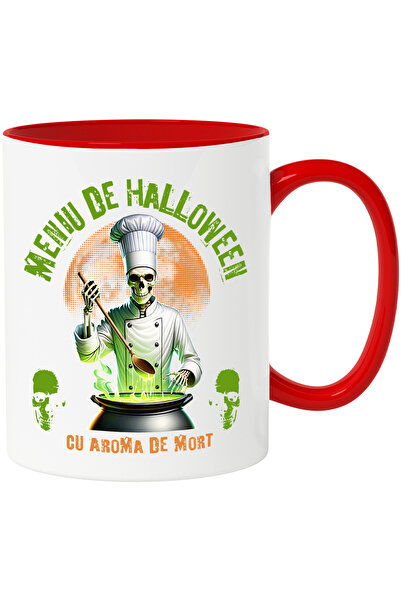 StoryGift Romania Cana meniu de h4ALLoween schelete bucatar gateste, 330ml, Ceramic cu Maner Rosu, Cu Maner Rosu