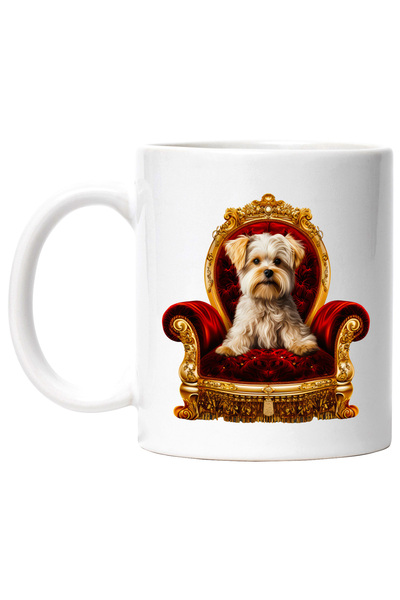 StoryGift Romania Cana cu un catel blanos care sta pe un scaun regal, ilustra...