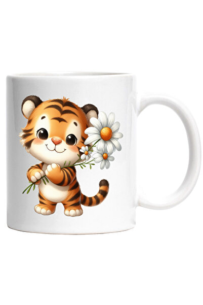 StoryGift Romania Cana cu un pui de tigru care tine niste flori albe | ilustr...