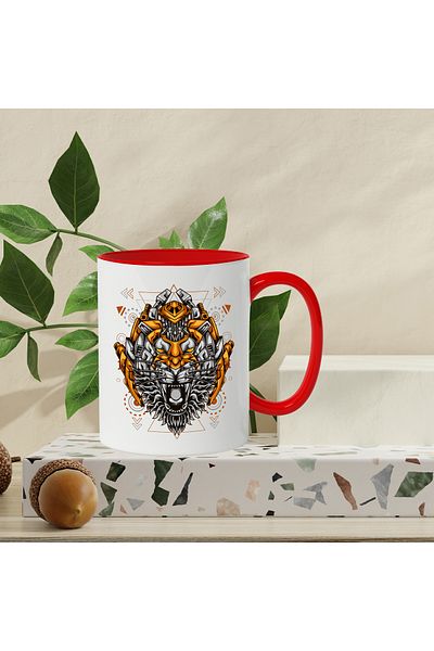 StoryGift Romania Mug With Tiger Head, Mecha, Robot, Geometric, Cyberpunk, Multicolor 330 ml, Sky, With,STG.