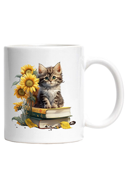 StoryGift Romania Cana cu un pisoi care sta pe 2 carti | ilustratie | flori d...