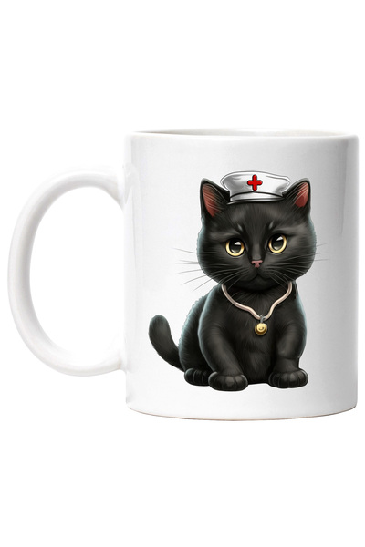 StoryGift Romania Cana cu o pisicuta cu boneta medicala | asistenta | ilustratie | neagra | trista, Cu Maner Alb