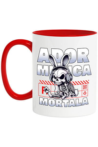 StoryGift Romania Cana IEPURE SCHELETE ADOR MUZICA MORTALA, 330ml, Ceramic cu Maner Rosu, Cu Maner Rosu