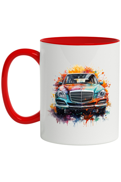 StoryGift Romania Cana Cu Masina, Sigla, Mercedes, Vintage, Splash Acuarela, Multicolor 330 ml, Ce, Cu Maner Rosu