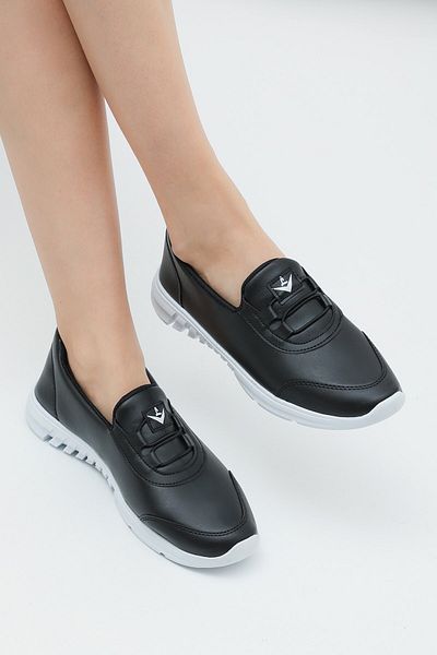 ALTUNTAŞ Women's Ballerinas Black Faux Leather Ballerinas Comfortable Lightweight Ballerinas Daily Ballerinas Black White