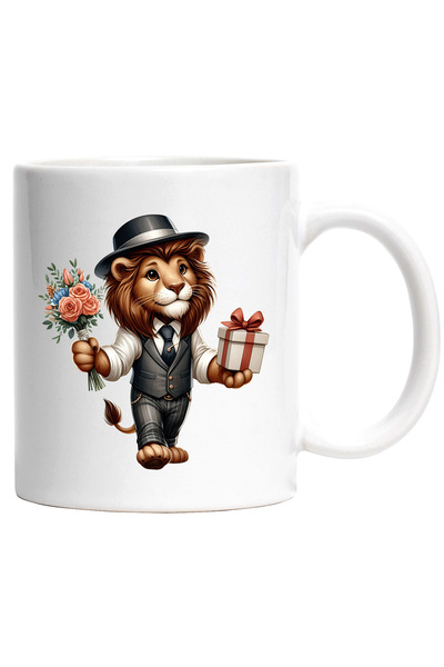 StoryGift Romania Cana cu un leu care tine un buchet cu flori si un cadou | i...