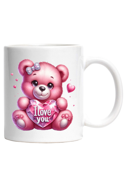StoryGift Romania Cana cu o ursoaica de plus care tine o inima din diamant cu...