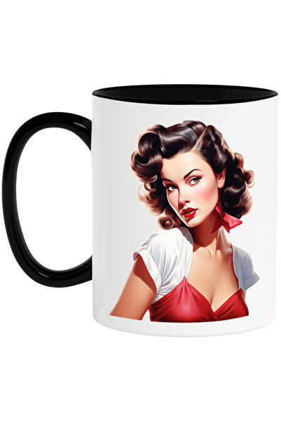 StoryGift Romania Cana cu o femeie cu parul saten, ilustratie, stil retro, ve...