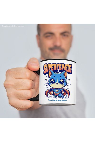 StoryGift Romania Super Woman Mug, Superhero, Flying Cat, 330ml, Ceramic with Black Handle, With Handle