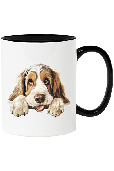 StoryGift Romania Cana cu un catel care priveste timid | ilustratie | labute | alb | maro | pentru, Cu Maner Negru