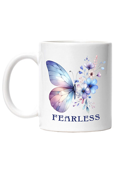 StoryGift Romania Cana cu mesajul "Fearless", ilustratie, motivational, fluture, flori, fara frica, Cu Maner Alb