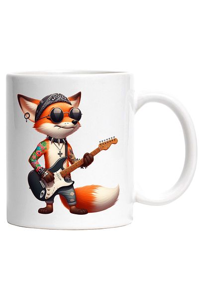 StoryGift Romania Cana cu un vulpoi care canta la chitara | tatuat | rocker | metal | instrument m, Cu Maner Alb