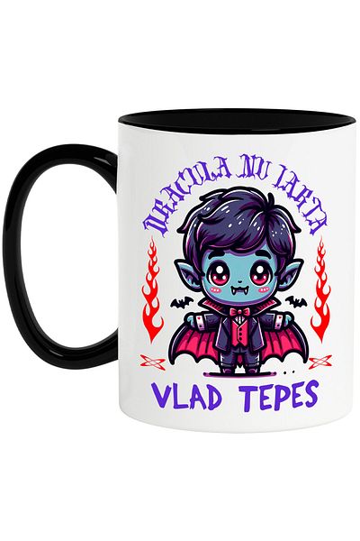 StoryGift Romania Cana cu Vampir Vlad Tepes Hallowen Colti, Lilieci Text Dracula Nu Iarta, Ceramic, Cu Maner Negru