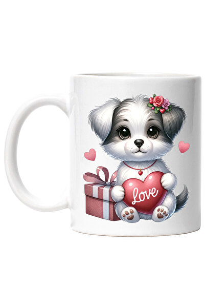StoryGift Romania Cana cu un catelus care tine o inimioara pe care scrie "Lov...