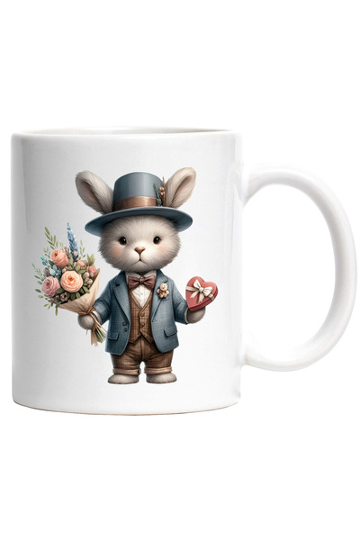 StoryGift Romania Cana cu un iepure la costum care tine un buchet cu flori si o cutie cu bomboane , Cu Maner Alb