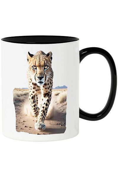 StoryGift Romania Cana Cu Leopard Alergand, Animale, Feline, Savana, Colti, Ghiare,Ceramica, 330ml, Cu Maner Negru