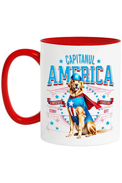 StoryGift Romania Golden Retriever Dog Mug in Captain America Costume with Cape, Hero No, with Red Handle