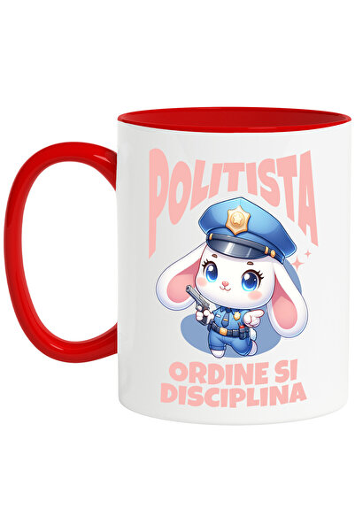 StoryGift Romania Cana cu Iepure Alb Cu Urechi Lungi Tinuta Politie Aparare Insigna Arma Text Poli, Cu Maner Rosu