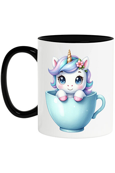 StoryGift Romania Cana cu un unicorn care sta intr-o ceasca | ilustratie | floare | imbujorata | o, Cu Maner Negru